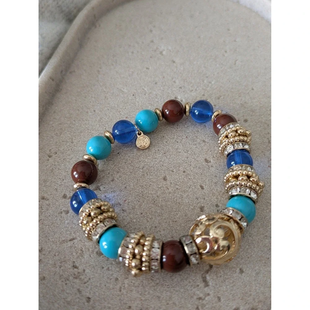 Graziano Stretch Bracelet In Gold Tone & Turquoise Colors Filagree Ball Chunky